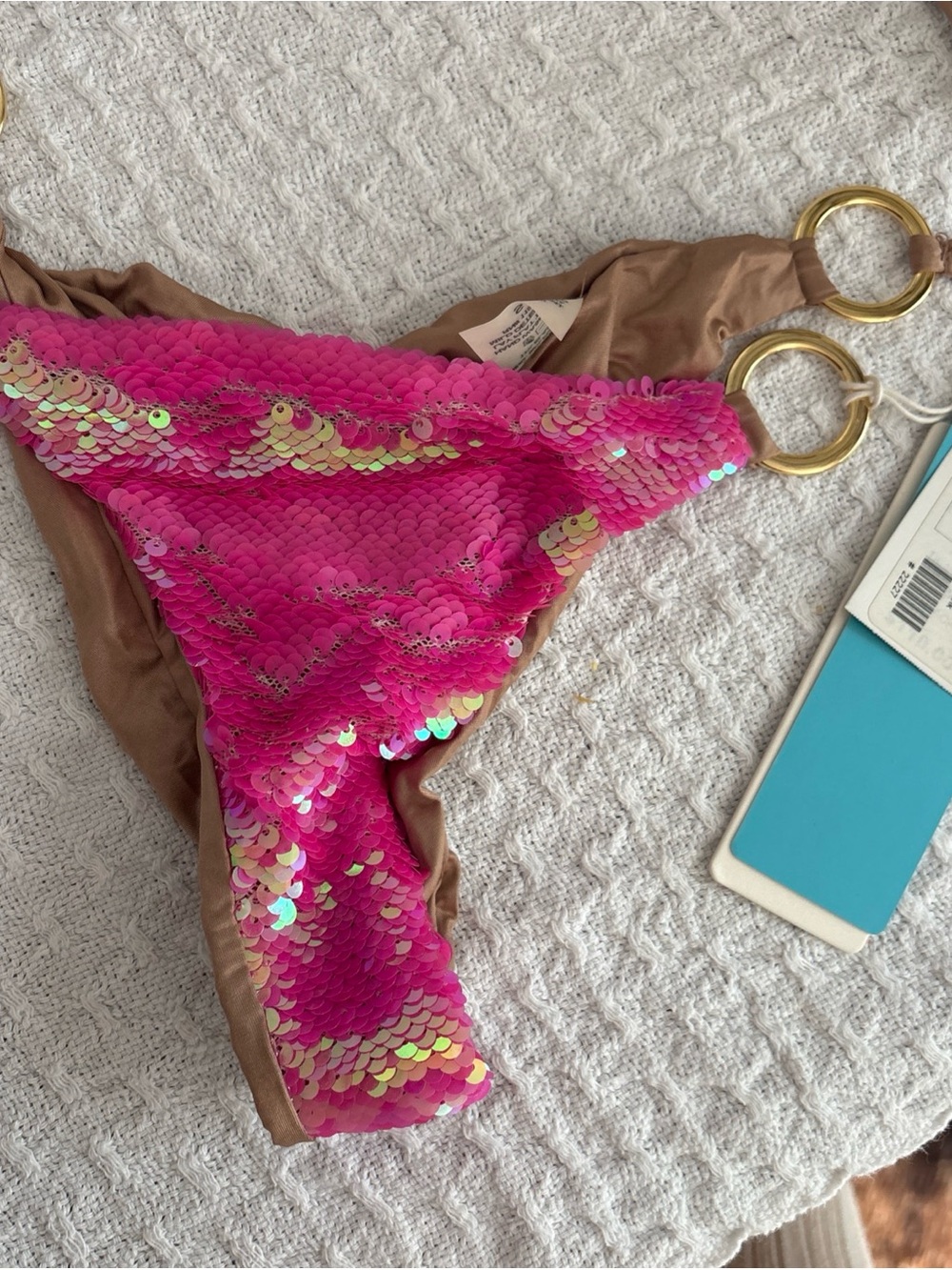 Beach Bunny Pink Sequin Bikini Bottom with Tan Accents